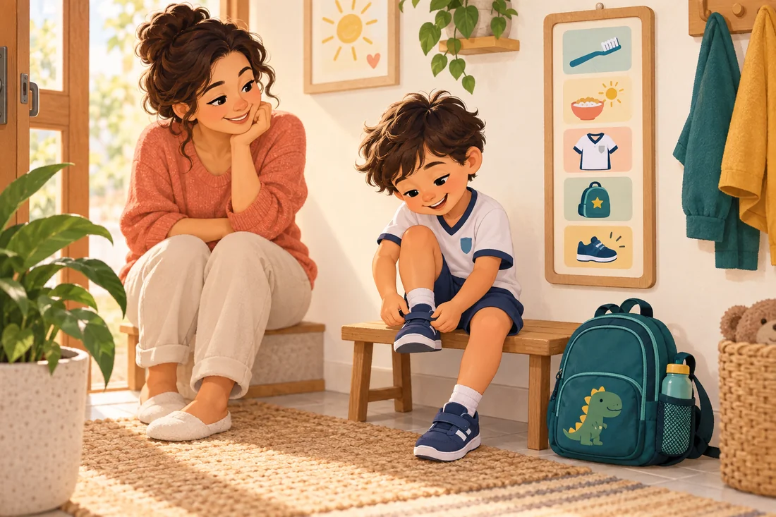 Criança em uniforme calçando o tênis, com a mãe e um painel visual por perto