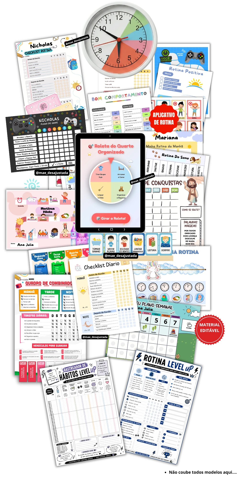 Mockup original do pacote: painéis, cards, checklists, rotinas Level Up e aplicativo